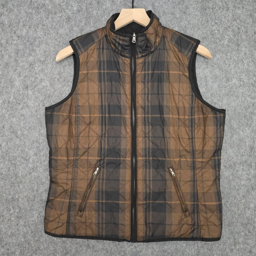 Lauren Ralph Lauren Reversible Vest Womens L Brown Black Plaid Quilted Zip